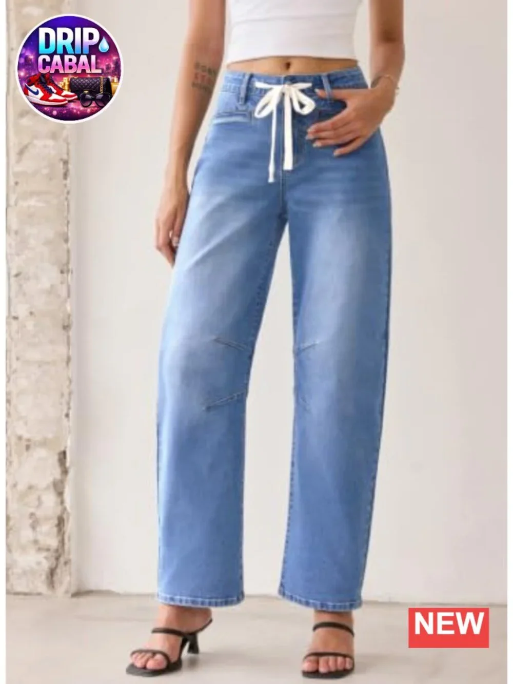 Wide Leg High Waisted Stretchy Barrel Jeans Women Drawstring Ankle Denim
